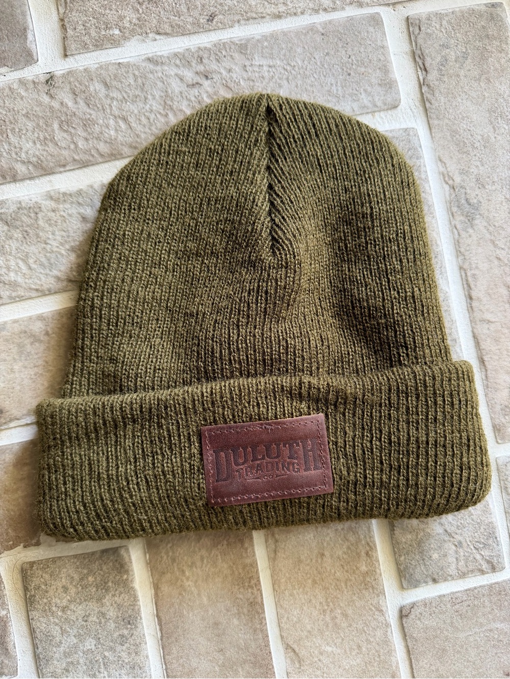 Duluth Trading Co Olive Green Knit Cuffed Beanie with Leather Patch